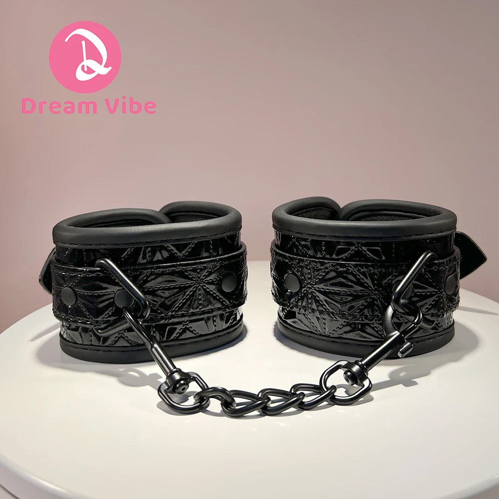 Diamond Texture Shiny Black Wrist Cuffs Handcuffs by Dream Metal and PU Material Adjustable Buckle Bondage Sex Toy Restaint Fun
