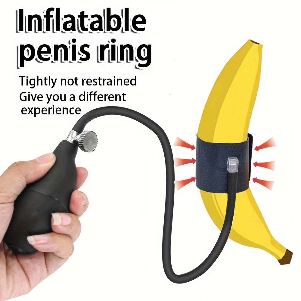 Inflatable Penis Ring for Men - Adjustable Silicone Rooster Ring with Banana Attachment, Enhances Pleasure & Control, Hand Wash Only, Black, Personal Pleasure Accessory | Comfortable Wear | Flexible Silicone Band