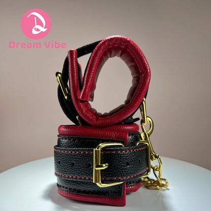 Premium Handcuffs Wristcuffs Gold Metal Chain Bondage Compatiable Sexy Couple Toy BDSM Fetish Play PU Leather Pleasure Need