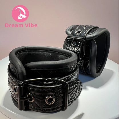 Diamond Texture Shiny Black Wrist Cuffs Handcuffs by Dream Metal and PU Material Adjustable Buckle Bondage Sex Toy Restaint Fun