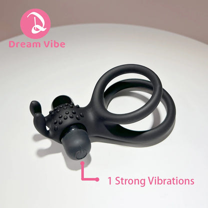 Vibrating Rabbit Dual Cock Rings Bunny Ear Super Stretchy Silicone Penis Rings Enhanced Delay Button Battery Men Sex Toy Couple