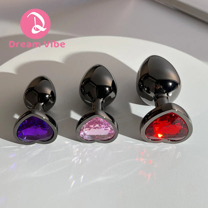 Metal Butt Plugs Jewel Inlaid Trainer Heart Shaped Gem Bottom Gunmetal Gray Backdoor Exploration Couple Sex Toy Foreplay