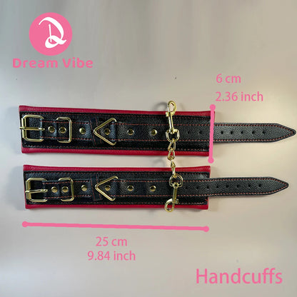 Premium Handcuffs Wristcuffs Gold Metal Chain Bondage Compatiable Sexy Couple Toy BDSM Fetish Play PU Leather Pleasure Need