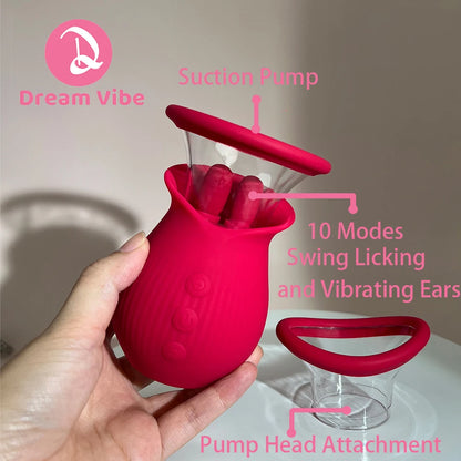 Rose Suction Mini Pump Swing Licking and Vibrating Ears Two Pump Heads Clit and Breast Stimulation Woman Sex Toy Pleasur Adult