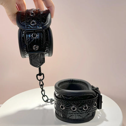 Diamond Texture Shiny Black Wrist Cuffs Handcuffs by Dream Metal and PU Material Adjustable Buckle Bondage Sex Toy Restaint Fun