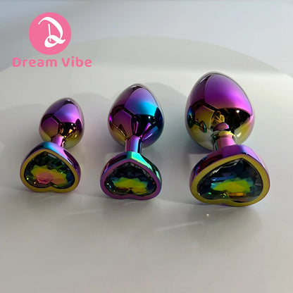Rainbow Metal Anal Plug Heart Jewelled Gem Butt Expander Training Unisex Sex Toy Prostate Massager Backdoor Exerciser Probe