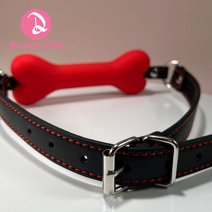 Dog Bone Mouth Open Gag Silicone and Leather Bondage Puppy Play Cosplay Buckle Fastening Adjusts Sex Toy Game BDSM Couple Toy