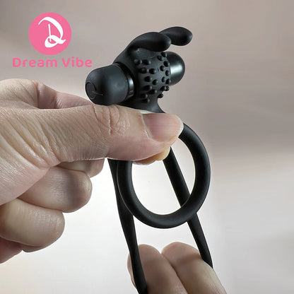 Vibrating Rabbit Dual Cock Rings Bunny Ear Super Stretchy Silicone Penis Rings Enhanced Delay Button Battery Men Sex Toy Couple
