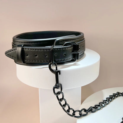 Black Collar and Leash Set By Dream VIbe PU Material Adjustable Buckle Fetish Play Bondage Fun Couple Restraint Sex Toy Slave