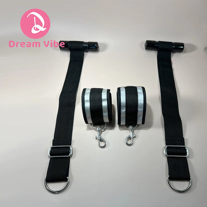 Over-The-Door Restraint Handcuffs Strong Nylon Straps Silver and Black Cuffs Lenght Adujustable Bondage Sex Play Device