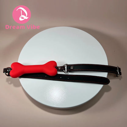 Dog Bone Mouth Open Gag Silicone and Leather Bondage Puppy Play Cosplay Buckle Fastening Adjusts Sex Toy Game BDSM Couple Toy