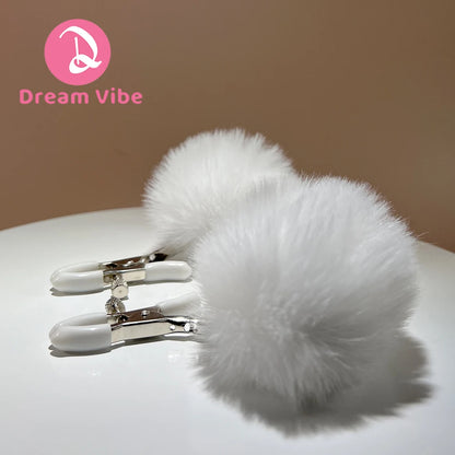 Adjustable Furry Nipple Clamp White Plush ball Unisex Adult Sex Toy Bondage Foreplay Fetish for Woman BDSM Breast Play Fun
