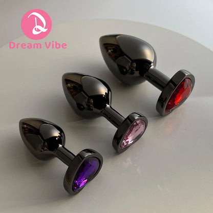 Metal Butt Plugs Jewel Inlaid Trainer Heart Shaped Gem Bottom Gunmetal Gray Backdoor Exploration Couple Sex Toy Foreplay