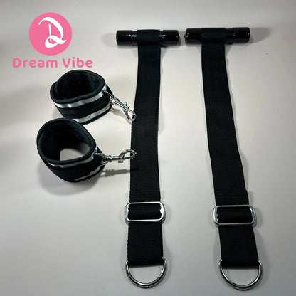 Over-The-Door Restraint Handcuffs Strong Nylon Straps Silver and Black Cuffs Lenght Adujustable Bondage Sex Play Device