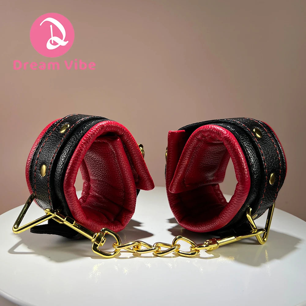 Premium Handcuffs Wristcuffs Gold Metal Chain Bondage Compatiable Sexy Couple Toy BDSM Fetish Play PU Leather Pleasure Need
