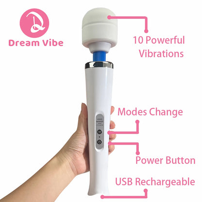Rechargeable Mega Wand Classical Intimate Vibrator 10 Modes White Sex Toy Woman Flexible Body Massager Penetration Sex Gift