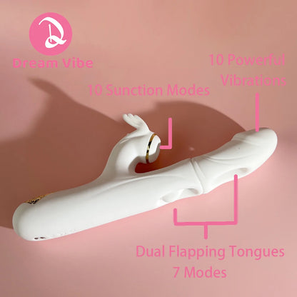 White Dargon 3 in 1 Rabbit Vibrator Heating Dual Flapping Suction Vibration Pleasur Intimate Sex Toy Women Penetration Deep Love