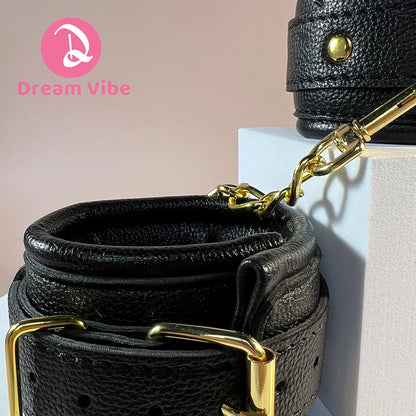 Black Cuffs Wrist Cuff Ankle Cuff Hand Cuff Golden Metal Chain for Night Bind Fun Restraint BDSM Fetish Play Sexy Cuffs Bondage