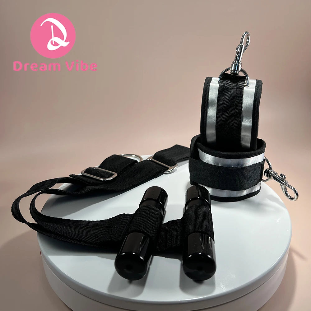 Over-The-Door Restraint Handcuffs Strong Nylon Straps Silver and Black Cuffs Lenght Adujustable Bondage Sex Play Device
