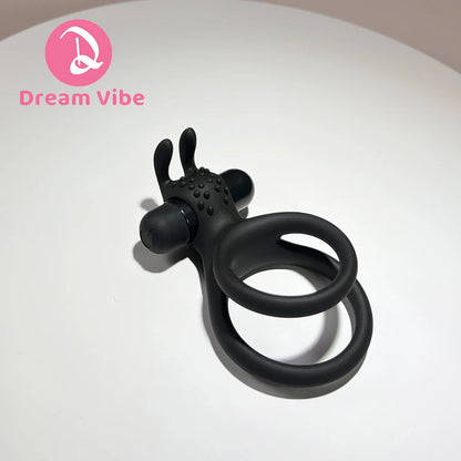 Vibrating Rabbit Dual Cock Rings Bunny Ear Super Stretchy Silicone Penis Rings Enhanced Delay Button Battery Men Sex Toy Couple