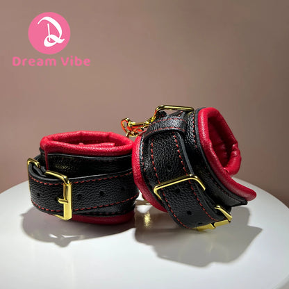 Premium Handcuffs Wristcuffs Gold Metal Chain Bondage Compatiable Sexy Couple Toy BDSM Fetish Play PU Leather Pleasure Need