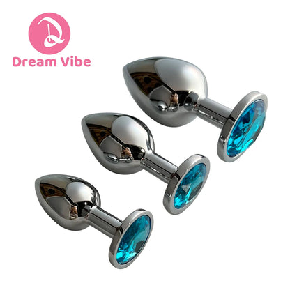 Lake Blue Gem Silver Metal Anal Plug Set by Dream Vibe Anal Trainer Kit Prostate Sex Toy Unisex Couple Backdoor Intimate Gift