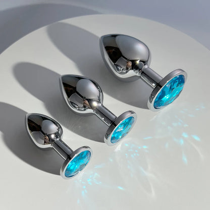 Lake Blue Gem Silver Metal Anal Plug Set by Dream Vibe Anal Trainer Kit Prostate Sex Toy Unisex Couple Backdoor Intimate Gift
