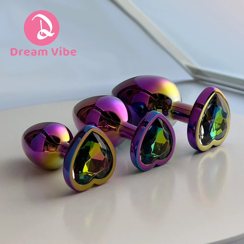 Rainbow Metal Anal Plug Heart Jewelled Gem Butt Expander Training Unisex Sex Toy Prostate Massager Backdoor Exerciser Probe