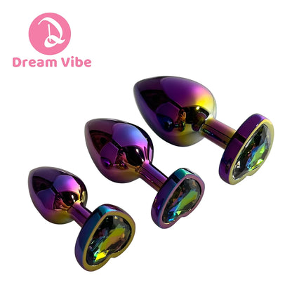 Rainbow Metal Anal Plug Heart Jewelled Gem Butt Expander Training Unisex Sex Toy Prostate Massager Backdoor Exerciser Probe
