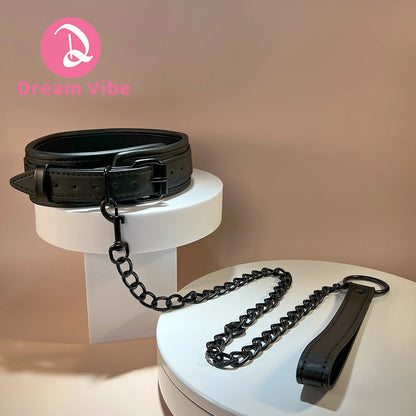 Black Collar and Leash Set By Dream VIbe PU Material Adjustable Buckle Fetish Play Bondage Fun Couple Restraint Sex Toy Slave