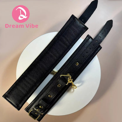 Black Cuffs Wrist Cuff Ankle Cuff Hand Cuff Golden Metal Chain for Night Bind Fun Restraint BDSM Fetish Play Sexy Cuffs Bondage