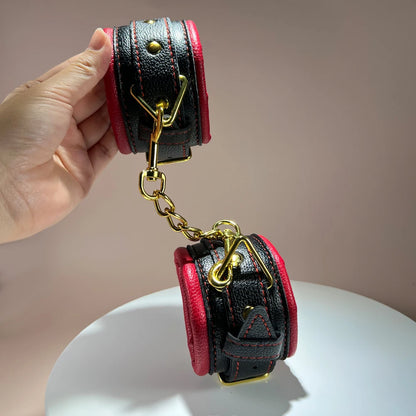 Premium Handcuffs Wristcuffs Gold Metal Chain Bondage Compatiable Sexy Couple Toy BDSM Fetish Play PU Leather Pleasure Need