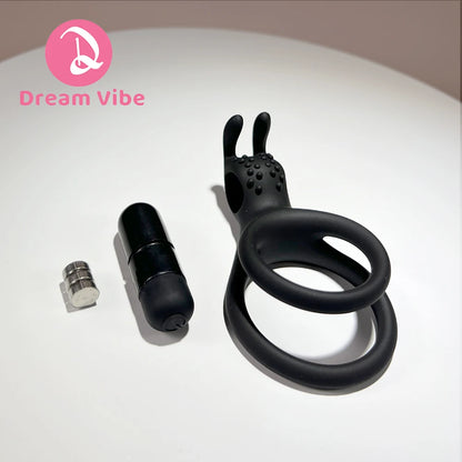Vibrating Rabbit Dual Cock Rings Bunny Ear Super Stretchy Silicone Penis Rings Enhanced Delay Button Battery Men Sex Toy Couple