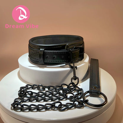Black Collar and Leash Set By Dream VIbe PU Material Adjustable Buckle Fetish Play Bondage Fun Couple Restraint Sex Toy Slave
