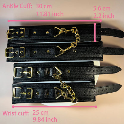 Black Cuffs Wrist Cuff Ankle Cuff Hand Cuff Golden Metal Chain for Night Bind Fun Restraint BDSM Fetish Play Sexy Cuffs Bondage