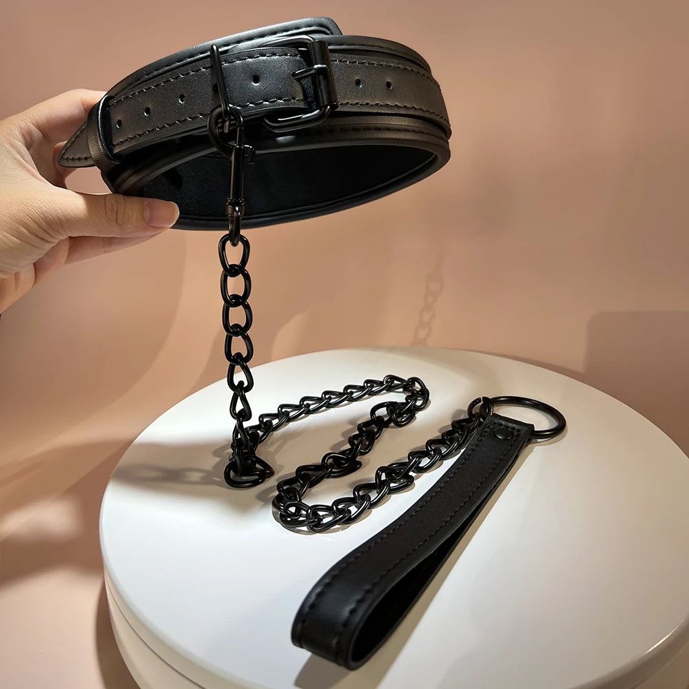 Black Collar and Leash Set By Dream VIbe PU Material Adjustable Buckle Fetish Play Bondage Fun Couple Restraint Sex Toy Slave