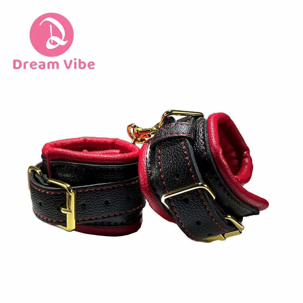 Premium Handcuffs Wristcuffs Gold Metal Chain Bondage Compatiable Sexy Couple Toy BDSM Fetish Play PU Leather Pleasure Need