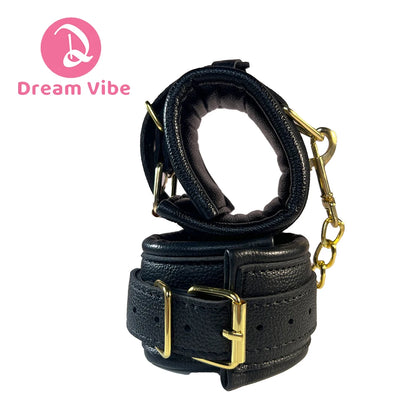 Black Cuffs Wrist Cuff Ankle Cuff Hand Cuff Golden Metal Chain for Night Bind Fun Restraint BDSM Fetish Play Sexy Cuffs Bondage