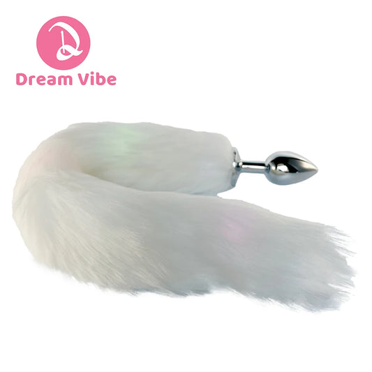 Dream Vibe BDSM Luminous Whisper Tail plug Artifical White Tail with Lights Small Size Silver Plug Adult Sex Toy Cosplay