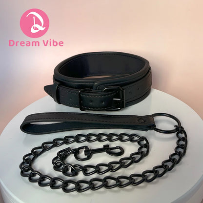 Black Collar and Leash Set By Dream VIbe PU Material Adjustable Buckle Fetish Play Bondage Fun Couple Restraint Sex Toy Slave