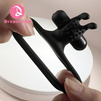 Vibrating Rabbit Dual Cock Rings Bunny Ear Super Stretchy Silicone Penis Rings Enhanced Delay Button Battery Men Sex Toy Couple