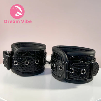 Diamond Texture Shiny Black Wrist Cuffs Handcuffs by Dream Metal and PU Material Adjustable Buckle Bondage Sex Toy Restaint Fun