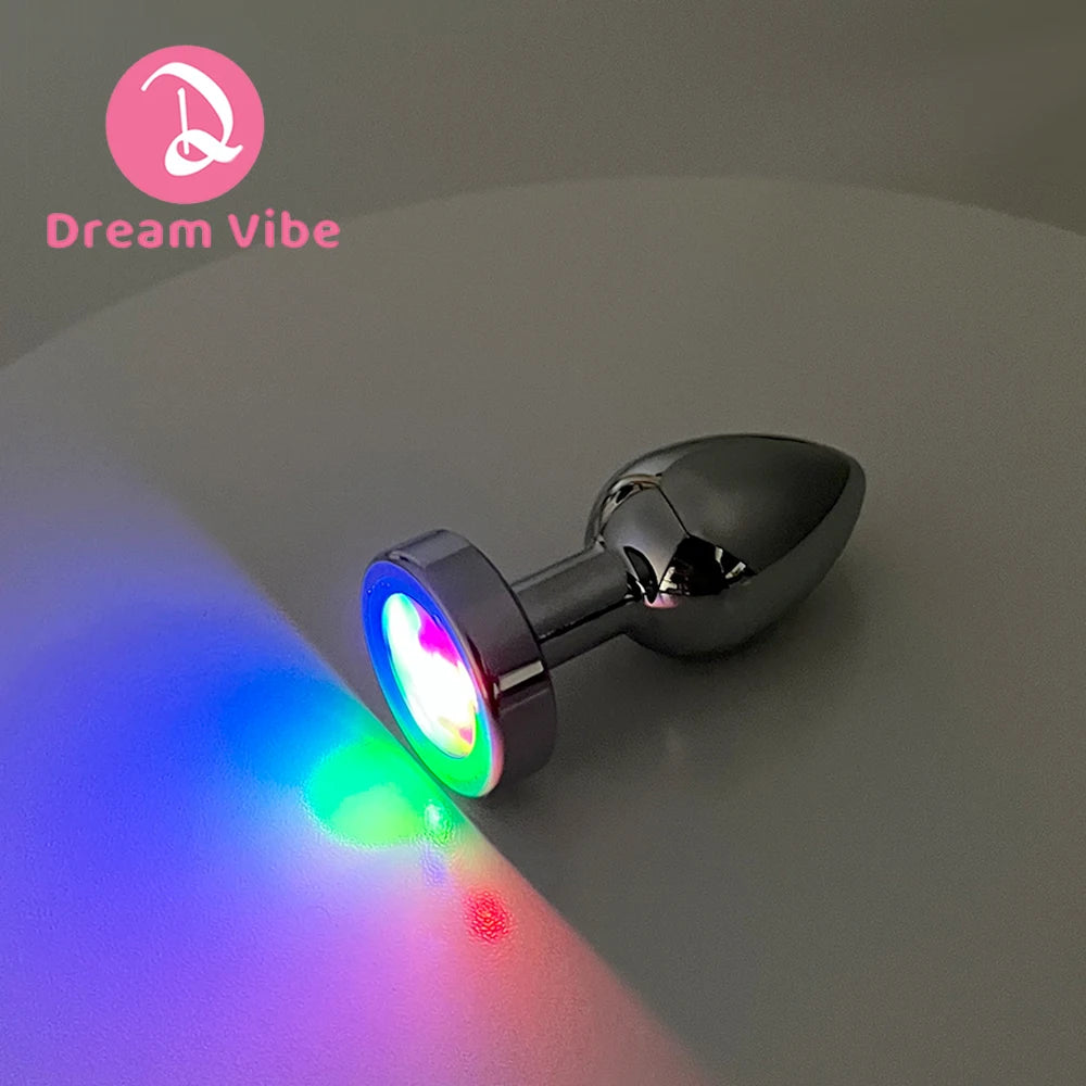 LED Light Shiny Silver Anal Plug Metal Butt Plug Prosate Massager Midnight Erotic Sex Toy Sex Game Women Couple Costume Accessor