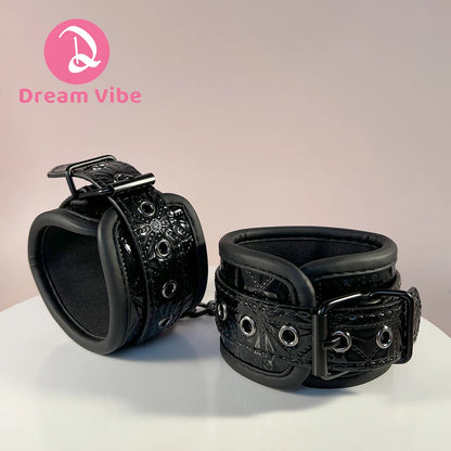 Diamond Texture Shiny Black Wrist Cuffs Handcuffs by Dream Metal and PU Material Adjustable Buckle Bondage Sex Toy Restaint Fun