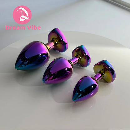 Rainbow Metal Anal Plug Heart Jewelled Gem Butt Expander Training Unisex Sex Toy Prostate Massager Backdoor Exerciser Probe